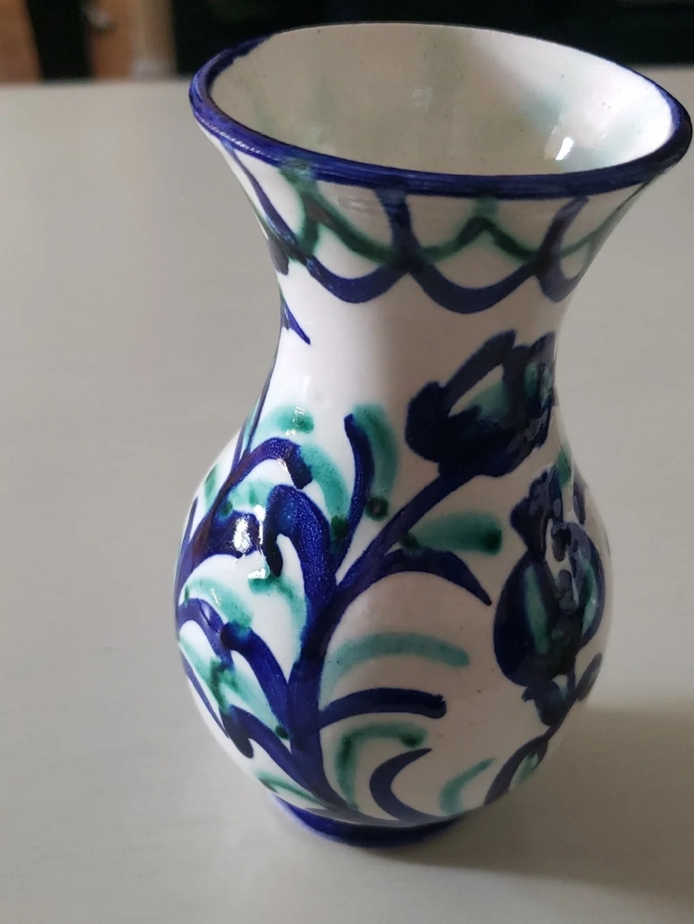 Vtg Hand-Painted Ceramic Vase - White W/ Blue & Green Floral Accents - 5.25